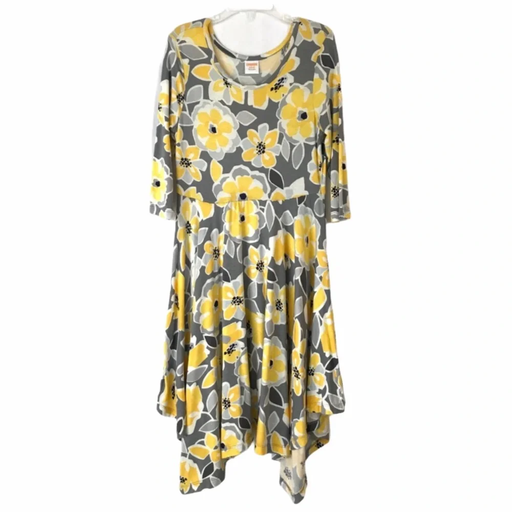 GYMBOREE Maxi Dress Size 6 A-Symmetrical Yellow Gray Floral 3/4 Sleeve